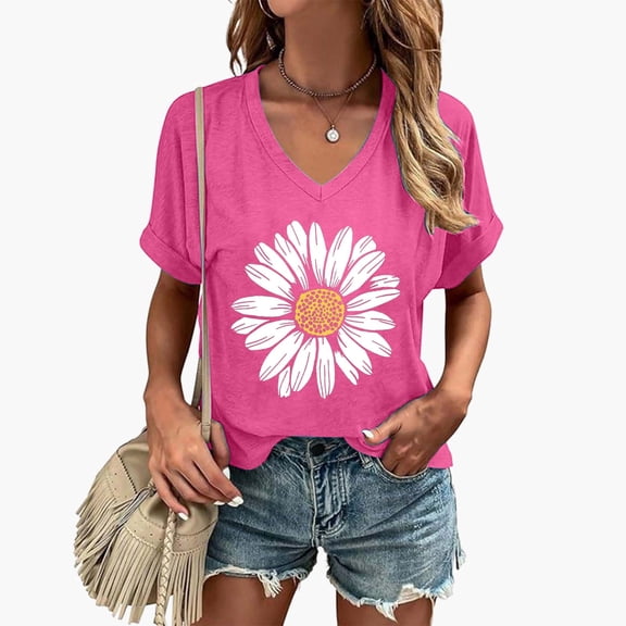Trendfront Womens Summer V Neck Short Sleeve Tops Sunflower Floral Pattern Printed Tees Casual Loose Fit Fashion Style Apparel T-Shirts