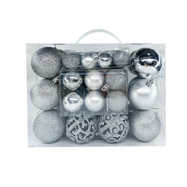 50 bolas navideñas brillantes de wonderland para decoración de árbol de navidad, paquete transparente con 50 adornos plateados de plástico en tamaños 3/4/6 cm, mezcla de acabados brillante, mate y con purpurina, incluye cordones resistentes y combinación de bolas huecas y sólidas; adecuada para interiores, exteriores y celebraciones.