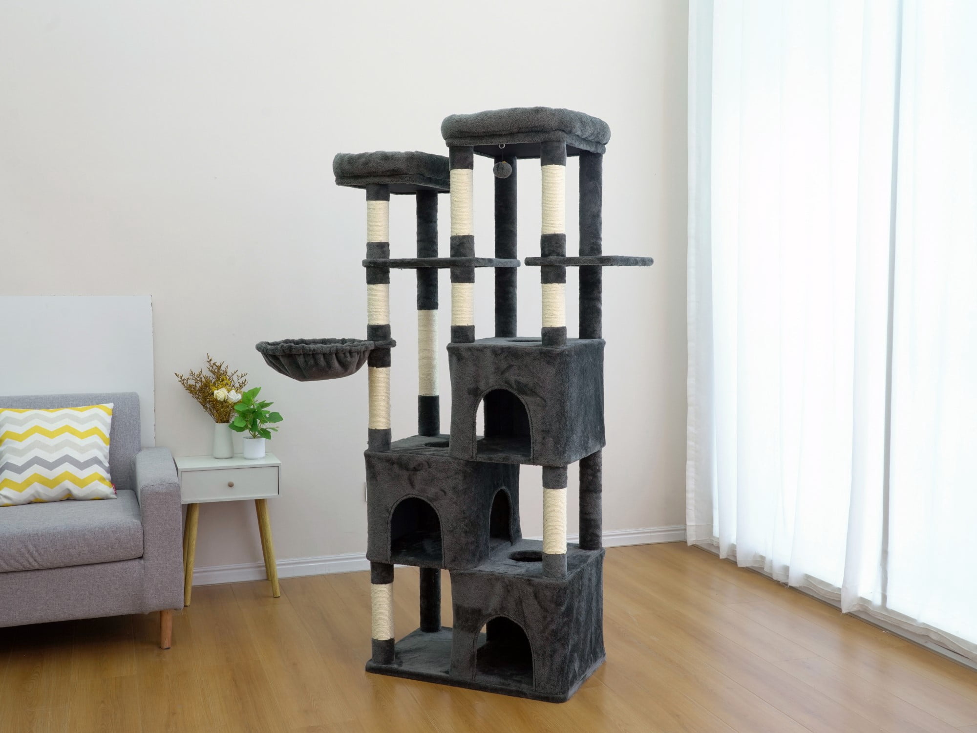 Vibrant Life Heavy Duty 7-Level 70" Cat Tree with Three Condos and Hammock, Dark Gray