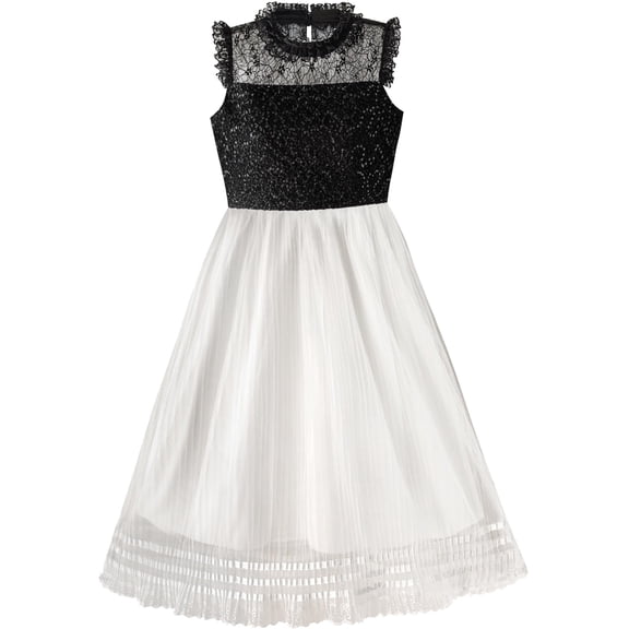 Girls Dress White And Black Pleated Skirt Lace Sequin 6