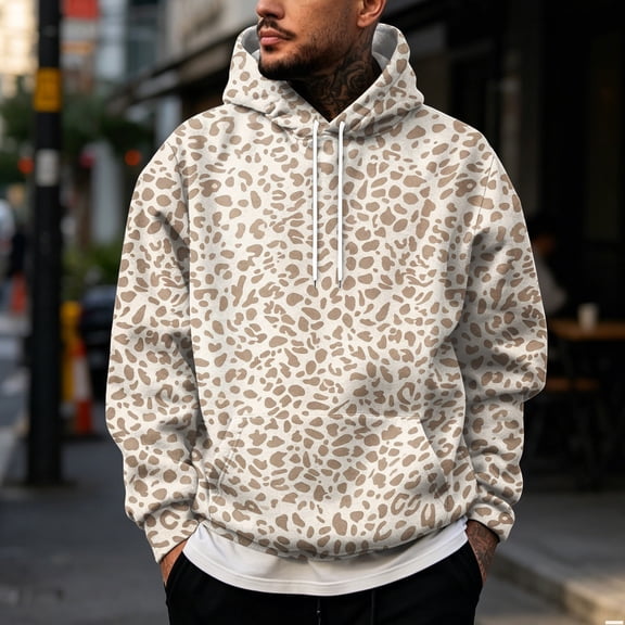 Men's Leopard Print Hoodie, Trendy Long Sleeve Drawstring Hooded Sweatshirt , Loose Fit Streetwear Pullover with Pocket Beige 3XL