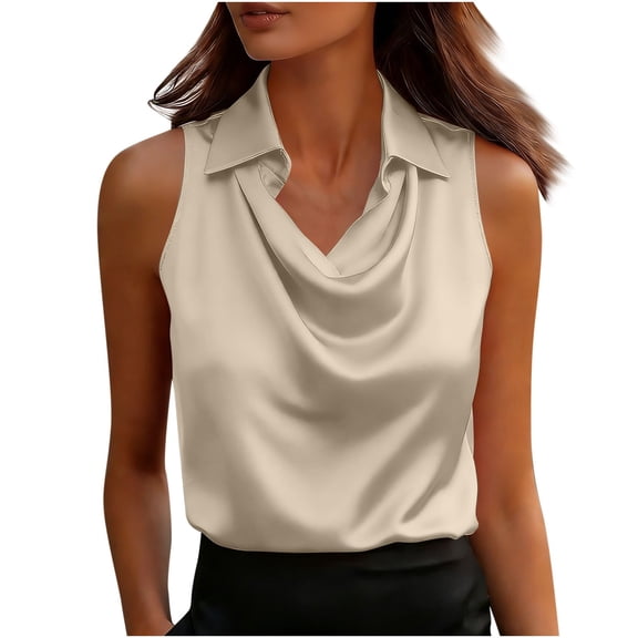 Satin Silk Tank Tops Sleeveless Collared Cowl Neck Camisole Shirts Dressy Casual Business Work Office Shirts Outfits Elegant Ruched Camisole Top Lightweight Basic Layered Satin Top Beige L