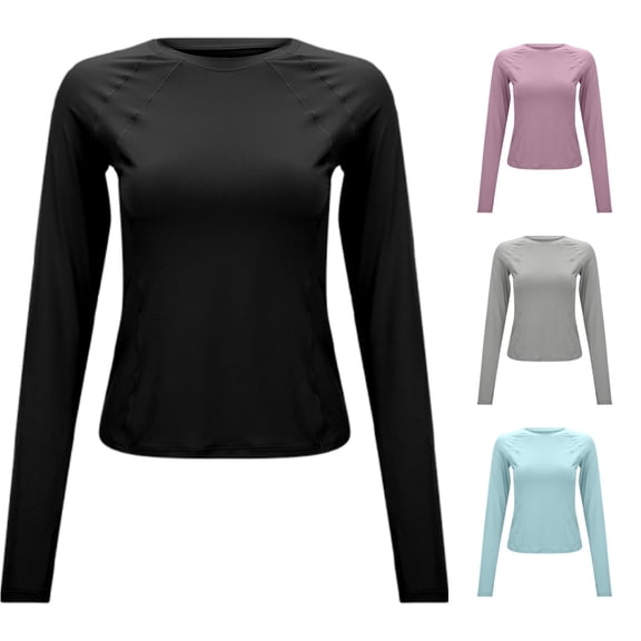 Trendfront Womens Athletic T Shirts Crewneck Long Raglan Sleeve Solid Color Slim Fit Lightweight Workout Running Yoga Tee Tops