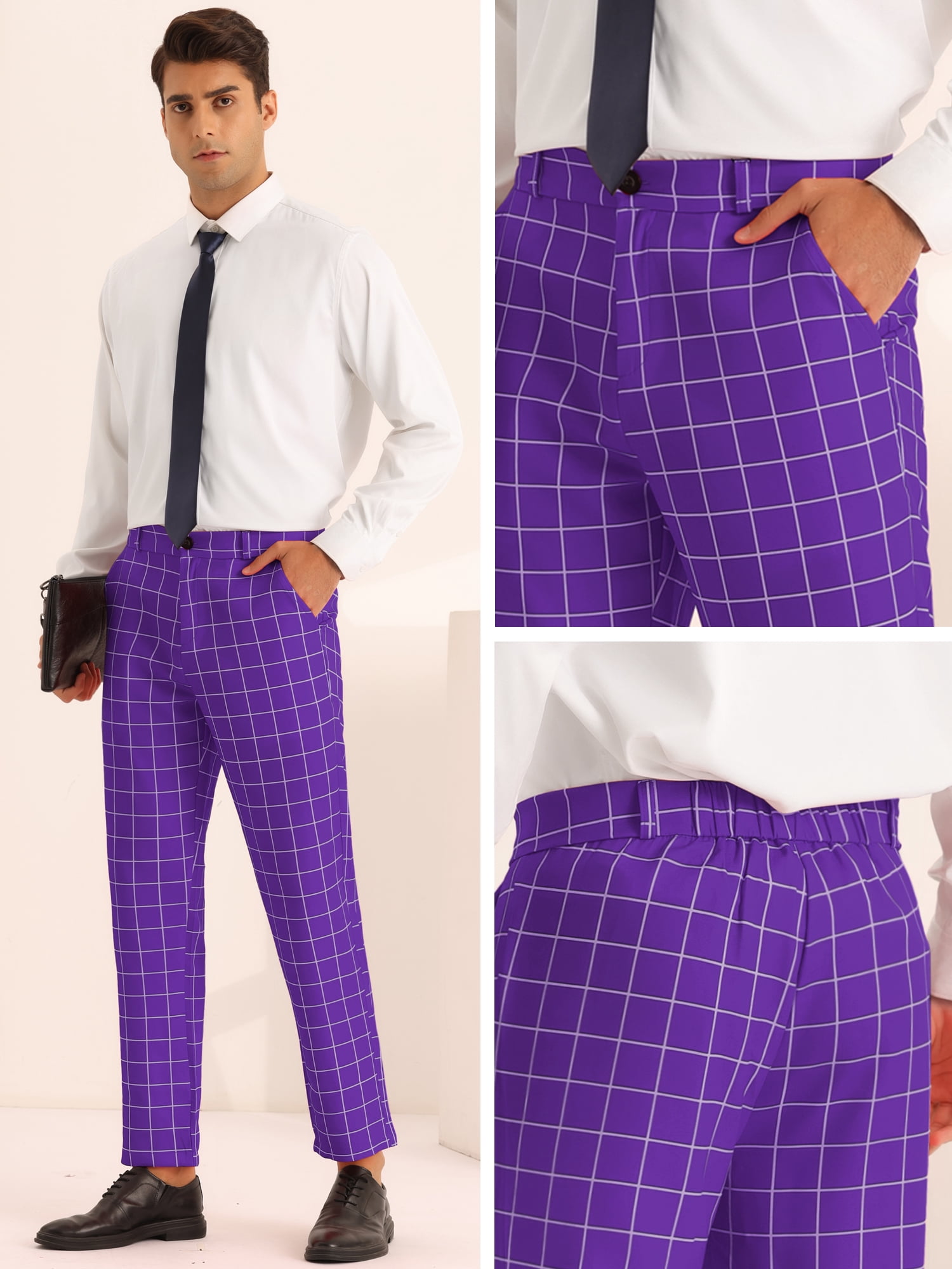 Unique Bargains Men's Plaid Pants Slim Fit Business Checked Printed Dress Trousers 36 Purple