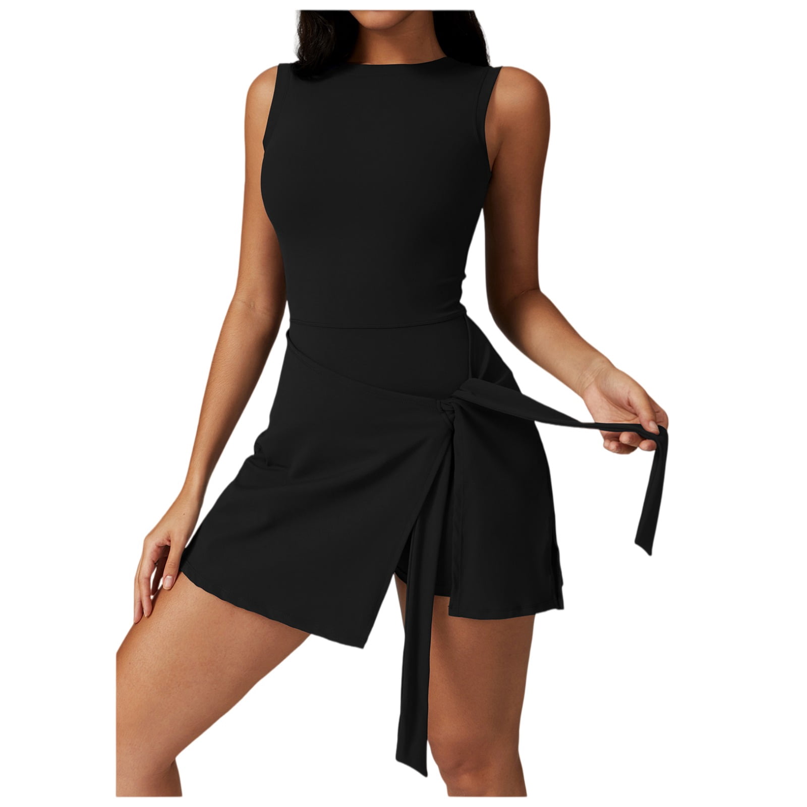 Women Sleeveless Mini Dress Wrap Tie Side Slim Fit Casual Athletic Short Dress Summer Outfit