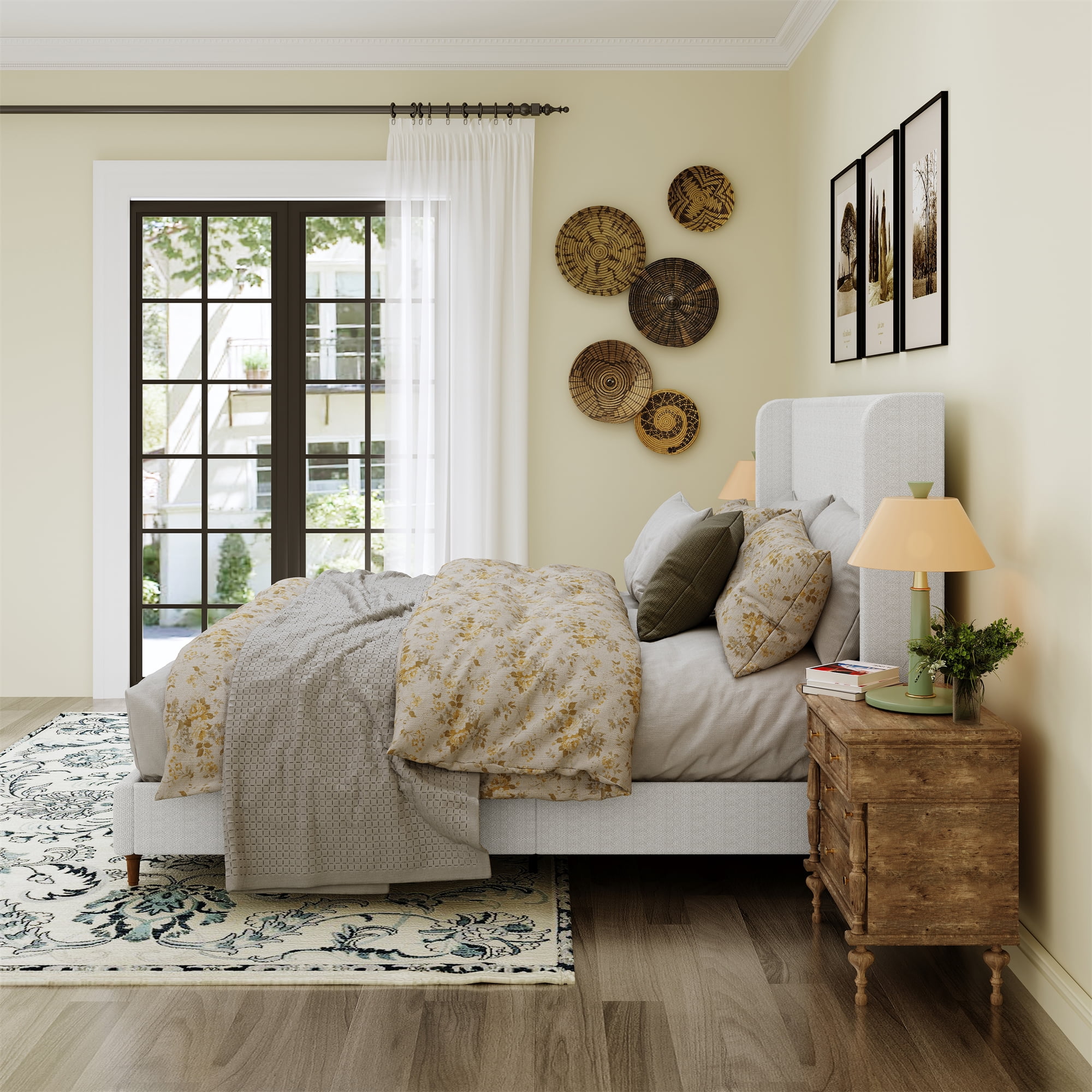 King Size Bed Frame High Headboard Upholstered Platform Bed, Retro Simple Style Platform Bed No Box Spring Needed, Easy Assembly, Ivory
