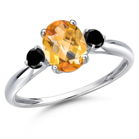 Gem Stone King 10K White Gold Yellow Citrine and Black Diamond 3-Stone Ring for Women | 1.45 Cttw | Oval Checkerboard 8X6MM | Gemstone November Birthstone | Size 7