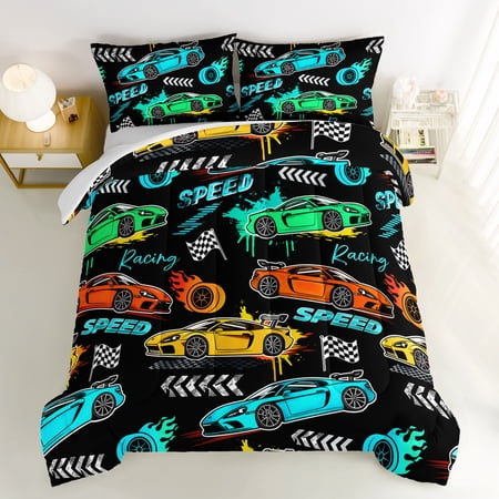 Child s Cartoon Sports Car 3Pcs Set Race Car Bedding for Boys Room Decor Fast and Furious Extreme Sport Games Comforter Twin Size with 2 Pillowcases.