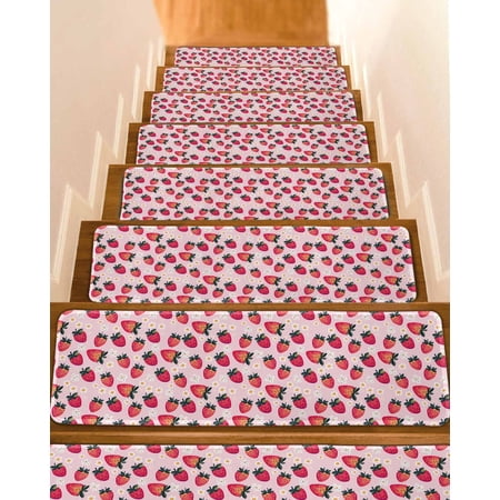 Strawberry Stair Treads for Wooden Steps Indoor Runner Rug Carpet Pink Spring Summer Rustic Floral Fruit 10 Pieces Peel and Stick Staircase Step Treads Covers Washable Throw Door Mats 30 x8