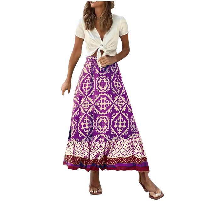 Womens Popular Summer New Print Loose Patchwork Ruffled A-Line Large Hem Skirt