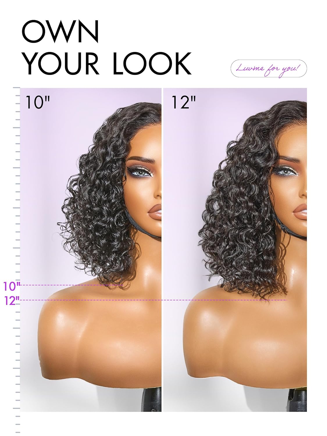 LUVME 5x5 HD Lace Front Deep Curly 10" 100% Human Hair Wigs Glueless Pre Cut Plucked Natural Color Straight Bleached Knots