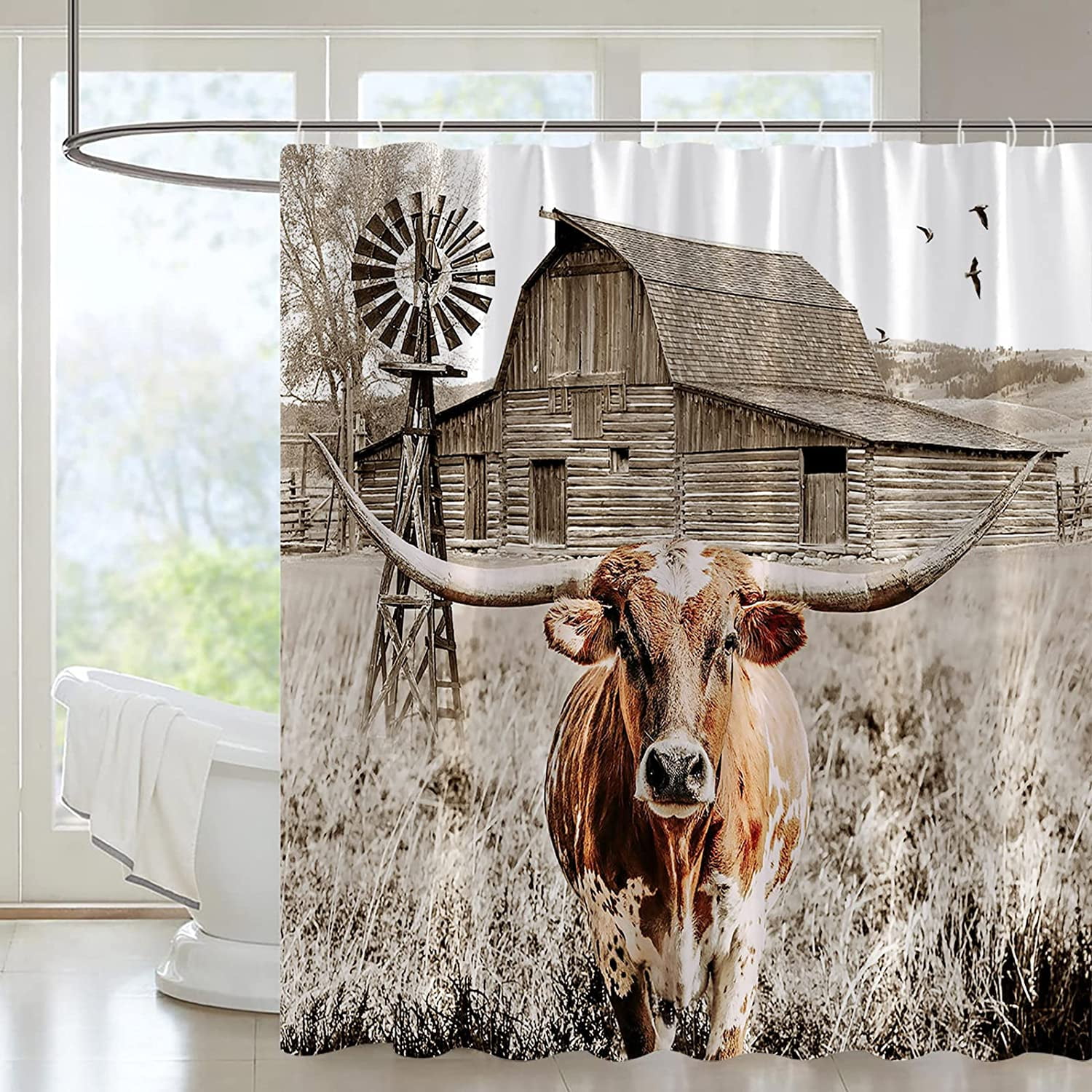 Cambpdkje Longhorn Cow Shower Curtain Western Cattle Bath Curtains Wood Windmill Farm Animal