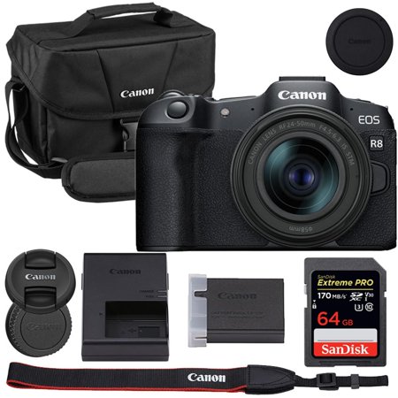 Canon EOS R8 Mirrorless Camera with 24-50mm Lens Bundle with Canon 200ES EOS Shoulder Bag + 64GB Extreme PRO Memory Card