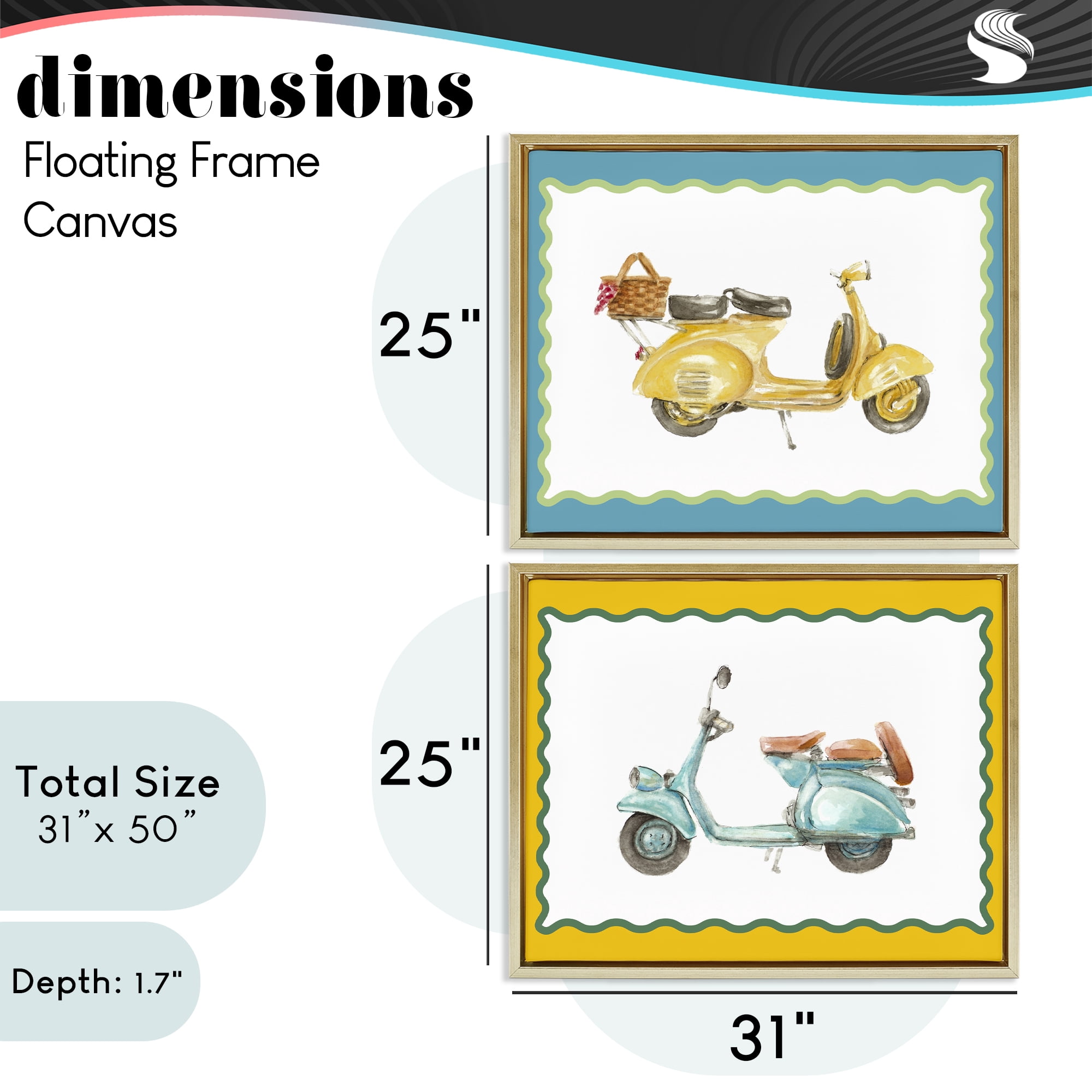 Stupell Industries Wavy Bordered Scooters 2 Piece Gold Framed Floater Canvas Set, design by Lanie Loreth