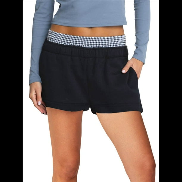 Pantalones Cortos Deportivos para Mujer, Informales, de Verano, con Cuadros Cosidos, Cintura Alta, para Correr y Descansar, con Bolsillos Negro L
