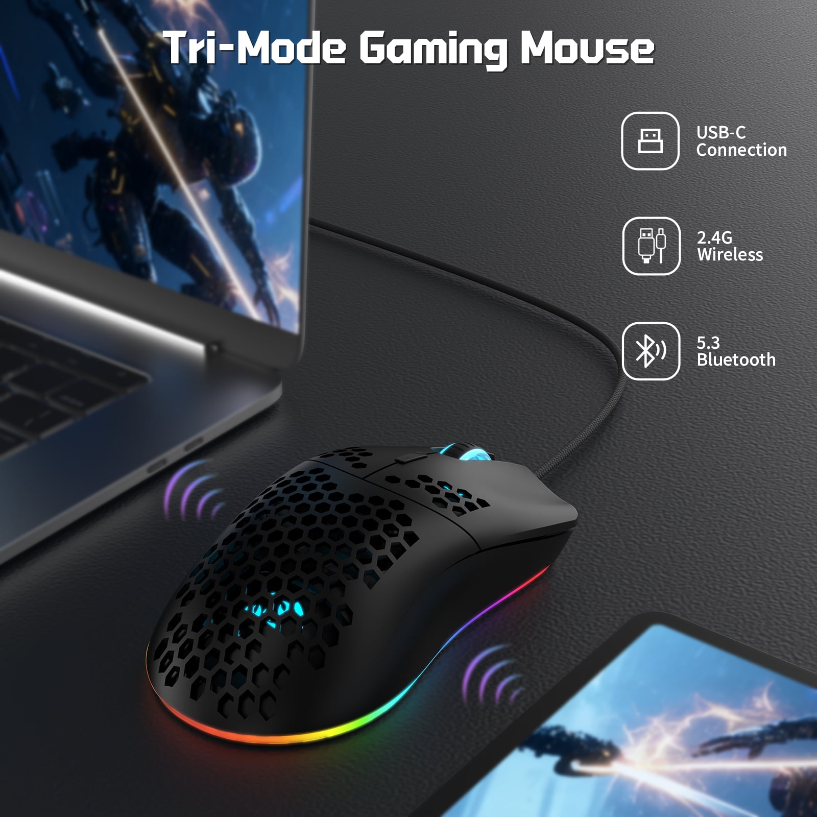 T66 3-Mode RGB Wireless Gaming Mouse - Ergonomic, Lightweight Design with Customizable Backlighting, Macro Programming Support, 650mAh Rechargeable Optical Sensor Mouse