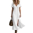 thumbnail image 2 of YuXingFu Womens Cotton Dresses with Sleeves Maxi V-Neck Plus Size Womens Dress Short Sleeve Solid Color Slim Fit Long Casual Summer White L, 2 of 6