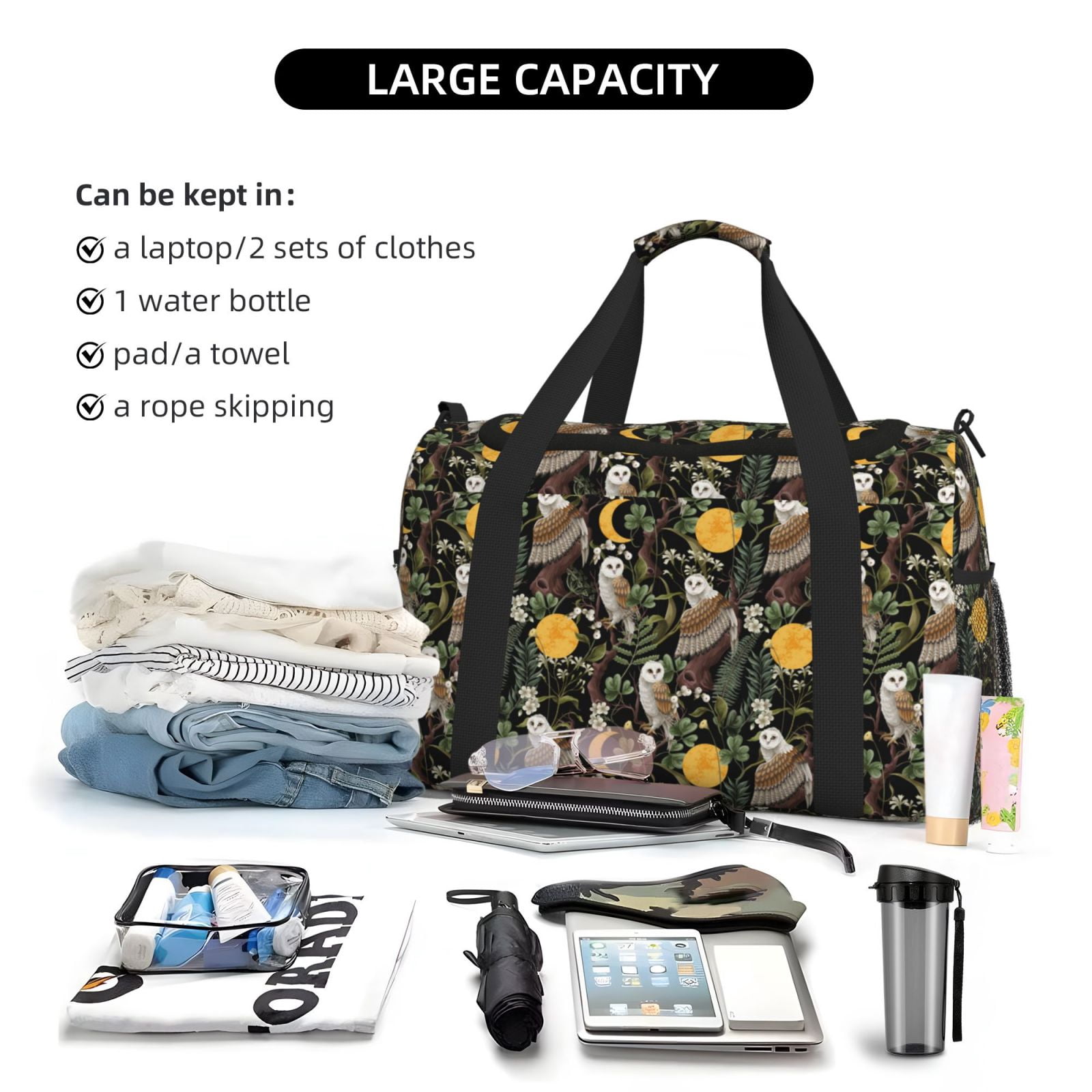 Fuzoiu Owls And Plants Print Travel Duffle Bag,Carry On Tote Bags,Duffel Bag,Sport Gym Bag, Hospital Bag for Labor and Delivery, Overnight Bag,Luggage Bag