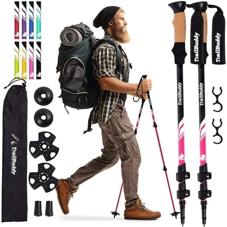 TrailBuddy Lightweight Aluminum Trekking  Hiking Poles  Walking Sticks  Adjustable 24.5 to 54 in  Berry Pink