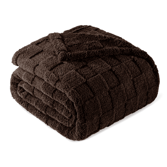 Exclusivo Mezcla Queen Size Flannel Fleece Blanket, Super Soft Warm Lightweight Checkered Pattern Blanket for All Seasons, Coffee, 90"x90"