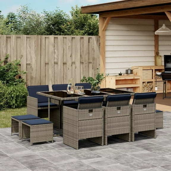 vidaXL 11 Piece Patio Dining Set with Cushions Gray Poly Rattan