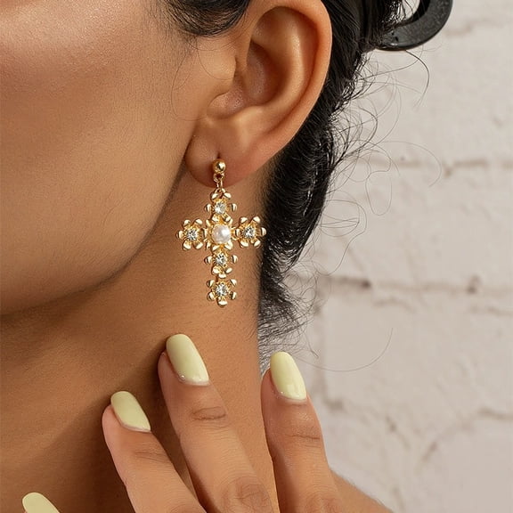 Sparkling Rhinestone Cross Earrings for Women, Premium Crystal Iced Out Crucifix Drop Dainty Minimalist Gold Plated Hypoallergenic Piercing Jewelry Gift