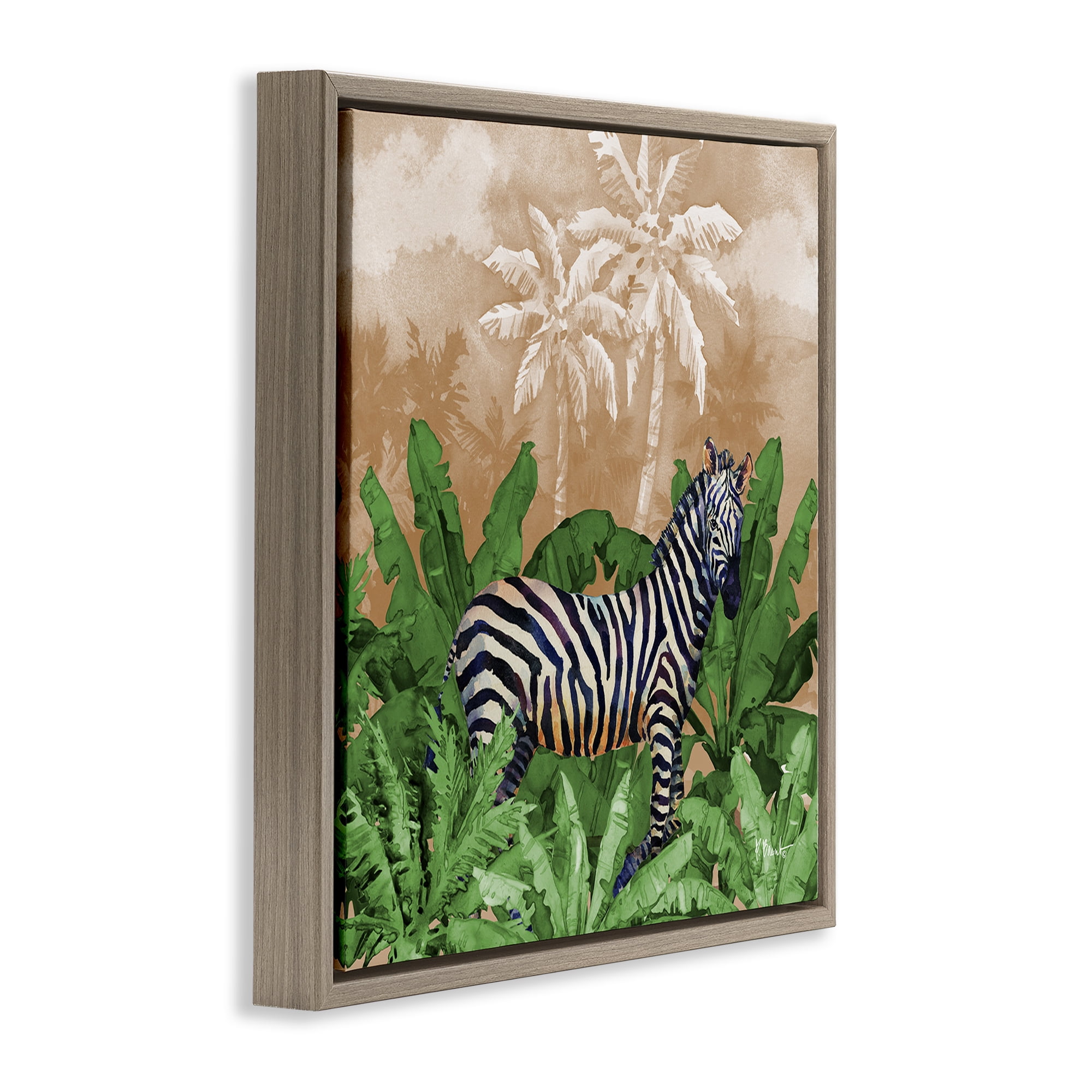 Stupell Industries Jungle Life Zebra Animals & Insects Painting Brown Floater Framed Canvas Art Print Wall Art, 25 x 25