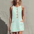 thumbnail image 7 of Wovilon Women's Round Neck Sleeveless A-Line Mini Dress, Button Front Contrast Trim Pocket Shift Top, Relaxed Lightweight Breathable Cotton Linen Blend Solid, 7 of 7