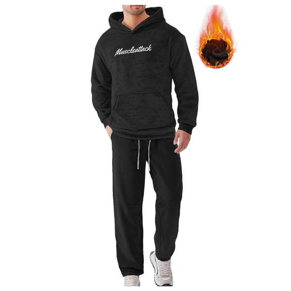 Yusimy Men's 2-Piece Fuzzy Hoodie Set Thickened Embroidered Letter Hooded Long Sleeve Casual Loungewear Cargo Pants