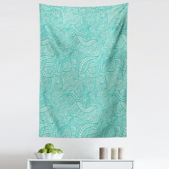Aqua Tapestry, Vintage Botanic Nature Leaves Veins Swirls Ivy Mosaic Inspired Image Print, Fabric Wall Hanging Decor for Bedroom Living Room Dorm, 5 Sizes, Turquoise and White, by Ambesonne