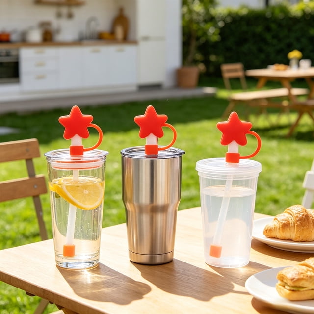 Tapa de silicona para pajita con forma de estrella, a prueba de polvo, a prueba de fugas, reutilizable y flexible para vasos y botellas de agua. Apta para lavavajillas.