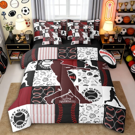 Erosebridal Sport Baseball Plaid Twin Bedding Sets 7-Piece for Kids Boys,Ball Gamer Bedding Comforter Set for Teens,Black Reversible,Ultra Soft Home Decor