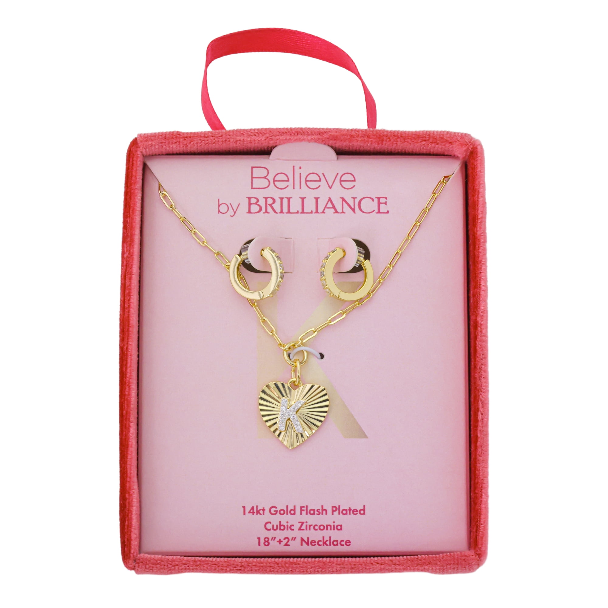 Believe by Brilliance Women's 14Kt Gold Flash Plated Cubic Zirconia Initial K Heart Pendant Necklace and Hoop Earring Set, 18+2"