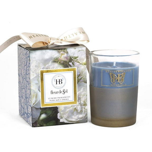 HB HEALTH BEAUTY BOTANICALS/Fleur de Sel Fragrance/7.5 Oz/Luxury Scented Soy Candles/Frosted Gold Glass Jar/Hand Poured/Highly Scented/Clean Burn/Gold Embossed Gift Box/Cotton Wick/Satin Bow