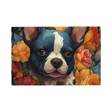 

Table Placemats Set of 4 - Cute Colorful Flower French Bulldog 12x18 In Faux Linen Double Heat Resistant Place Mats Cloth Indoor/Outdoor Placemats Washable Table Mats for Dining Kitchen Party