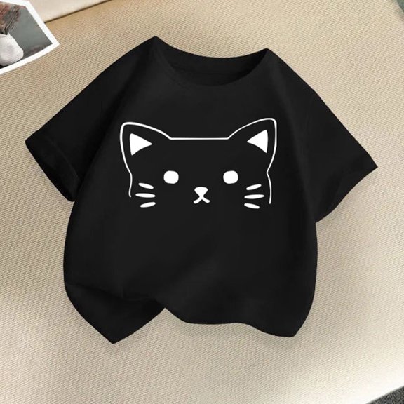 Crunowin Boys and Girls Short Sleeve T-Shirt Round Neck Cat Print Summer Everyday Look Leisure Comfort Top Black Size 2T