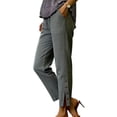 thumbnail image 2 of Women's Mid Waisted Casual Pants, Button Front Cropped Trousers With Pockets, Pull On Elastic Waist Soft Stretchy Fabric, Comfy Side Split Tapered Leg for Work Office, Weekend, 2 of 7