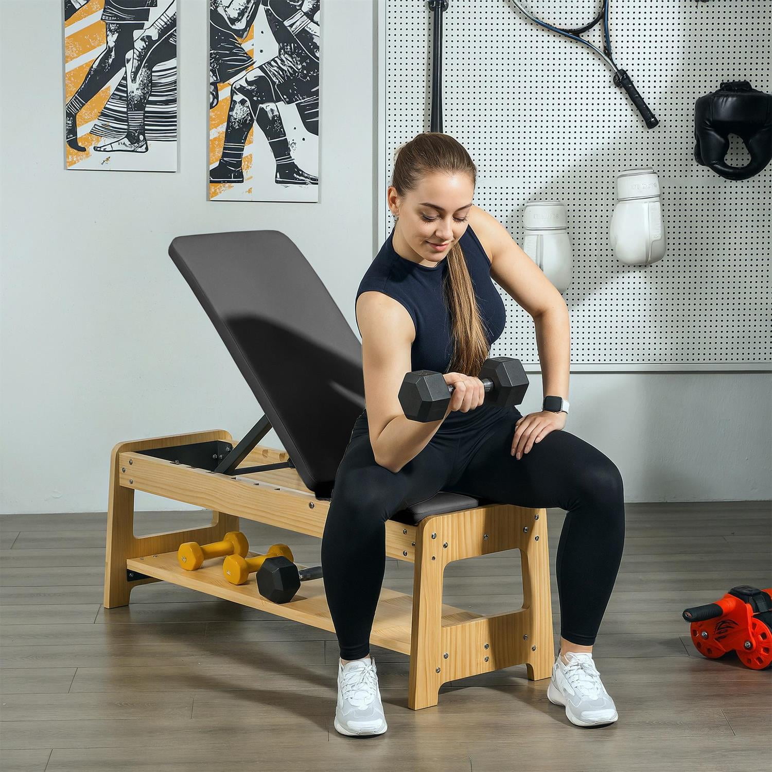 Demi Bonn Home Gym Weight Lifting Bench: Wooden Adjustable Flat/Incline Bench with Dumbbell Rack ,Black