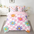 thumbnail image 3 of Manfei Cartoon Flower Floral Twin Bedding Sets 7-Piece for Kids, Swirl Checkered Square Bedding Comforter Set, Pink Buffalo Reversible Sheet Sets, Lightweight Room Decor, 3 of 8