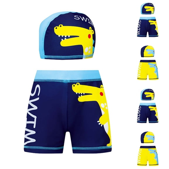 NAISIBABY Boys Swim Trunks with Swim Cap Size 8, Quick Dry Stretchy Elastic Waist Kids Graphic Beach Swimsuit 2-Piece (3-14T)