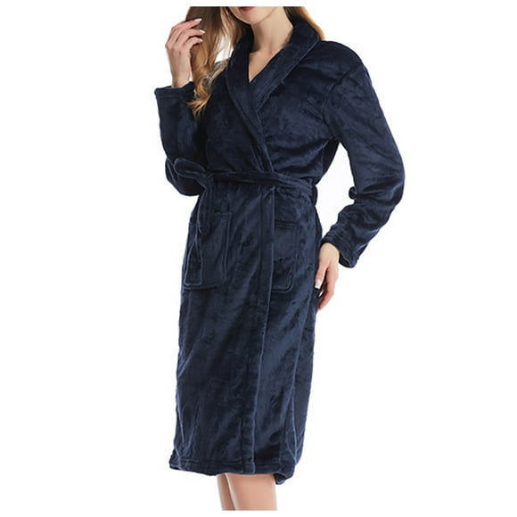 Women's Soft Long Sleeve Robes Warm Shaggy Bathrobe Cozy Loungewear Navy One Size