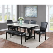 Beautiful 6pc Dining Set White Faux Marble Table Top Black PU Fabric Chairs Bench Home Furniture