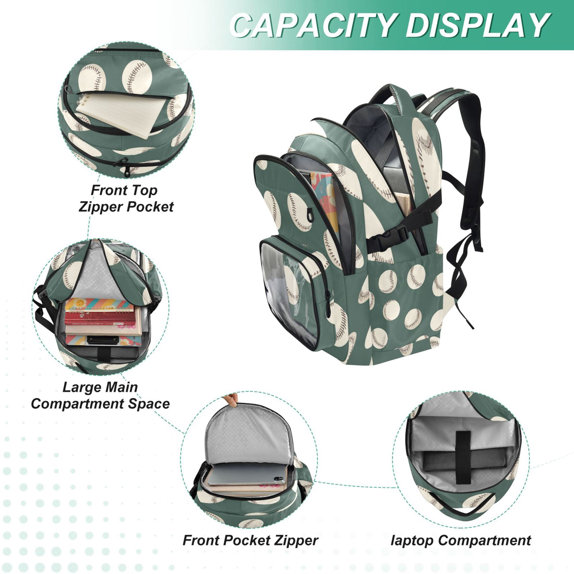 PVC Casual Backpack 25L Daypack with Laptop Compartment Lightweight Travel Backpack for Work Outdoor Activities Green Baseball Pattern
