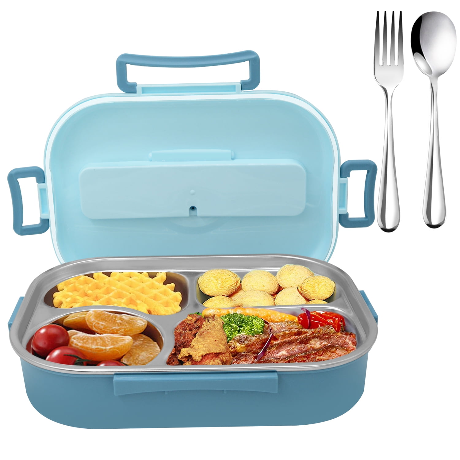 Restaurantware Bento Tek 41 oz Blue & White Buddha Box All-in-One Lunch Box - with Utensils, Sauce Cup - 7 1/4 x 4 1/4 x 4 - 1 Count Box