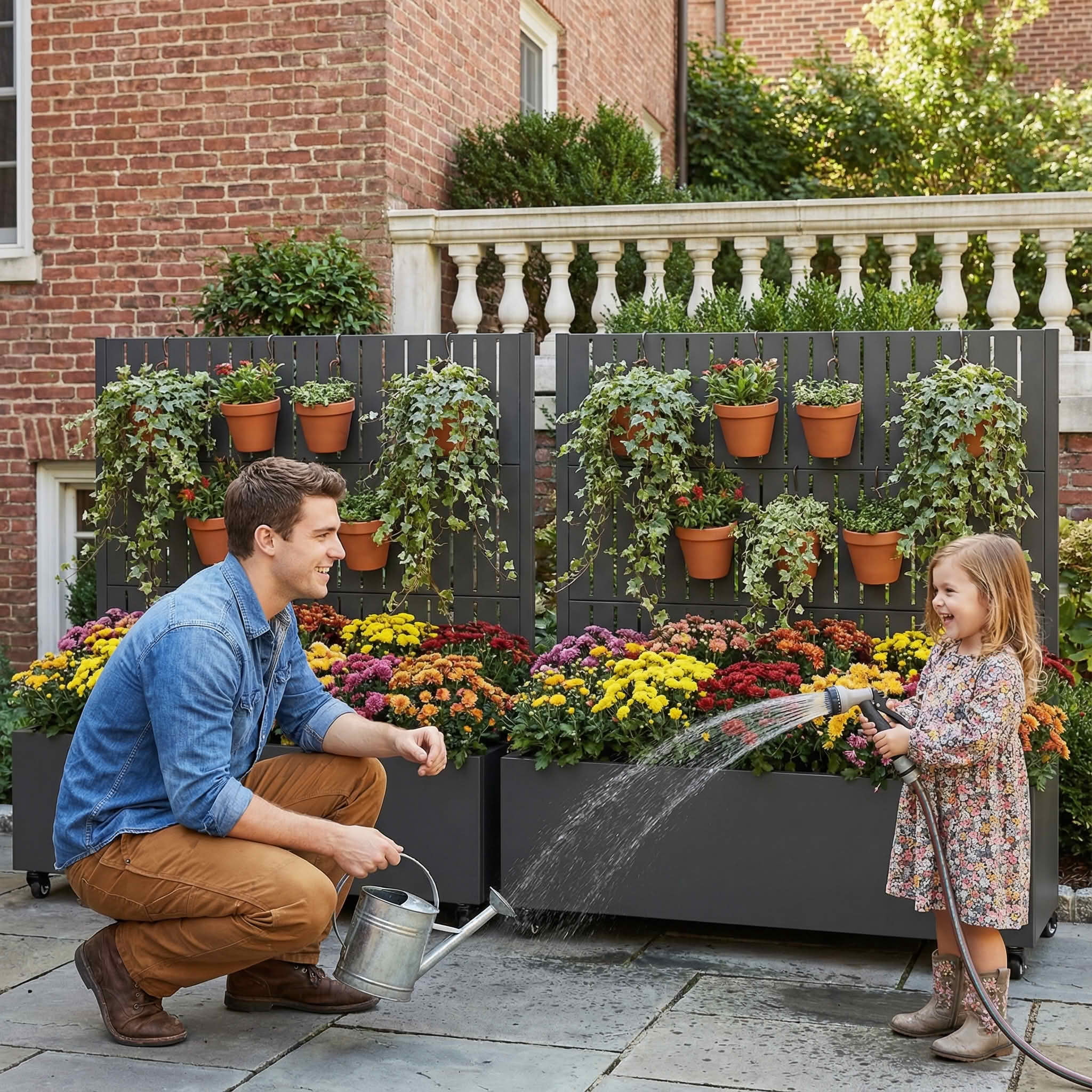 MAYEERTY 47X47" Metal Outdoor Black Privacy Screen with Planter Box for Backyard & Garden, 3 Piece Set, Double‑sided Installation