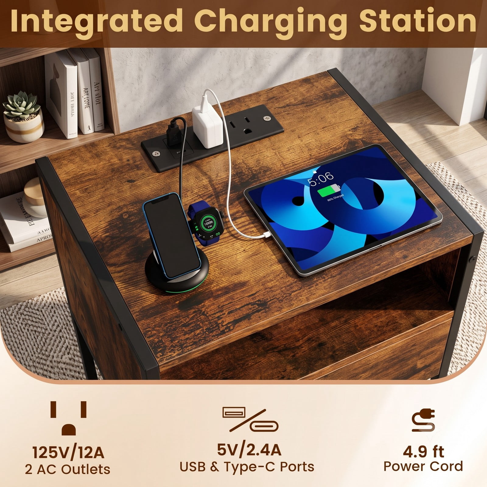 Furnibear Nightstand with Charging Station and USB Type-C Ports plus Drawer and Open Shelf for Bedroom and Living Room, Rustic Brown