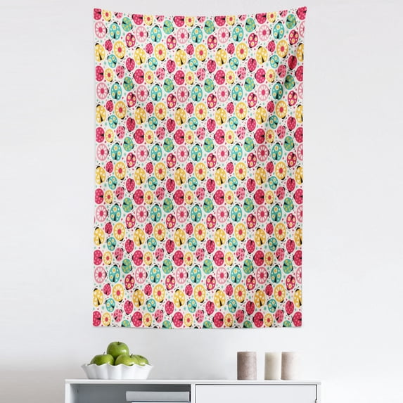 Ladybugs Tapestry, Abstract Bug Pattern with Many Different Designs Hearts Polka Dots Daisies Nature, Fabric Wall Hanging Decor for Bedroom Living Room Dorm, 5 Sizes, Multicolor, by Ambesonne