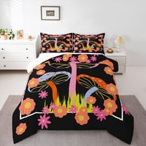 Homewish Country Fungus Mushroom Full Size Comforter Sets,Colorful Cartoon Flower Bedding Comforter Set,Orange Black Bedding Sets For Children,Breathable Home Decor Reversible,3pcs