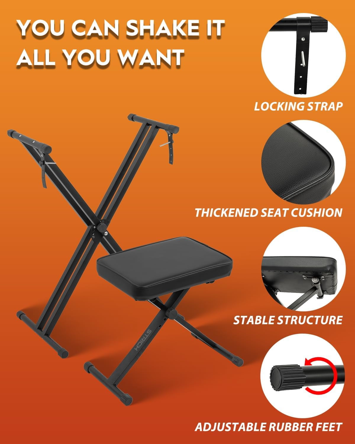 Piano Keyboard Stand Stool Set  Adjustable Double X-style Portable For 54-88 Key Electric Digital Keyboards Pianos & Bench Chair Black Skt-01 Spb-m10x