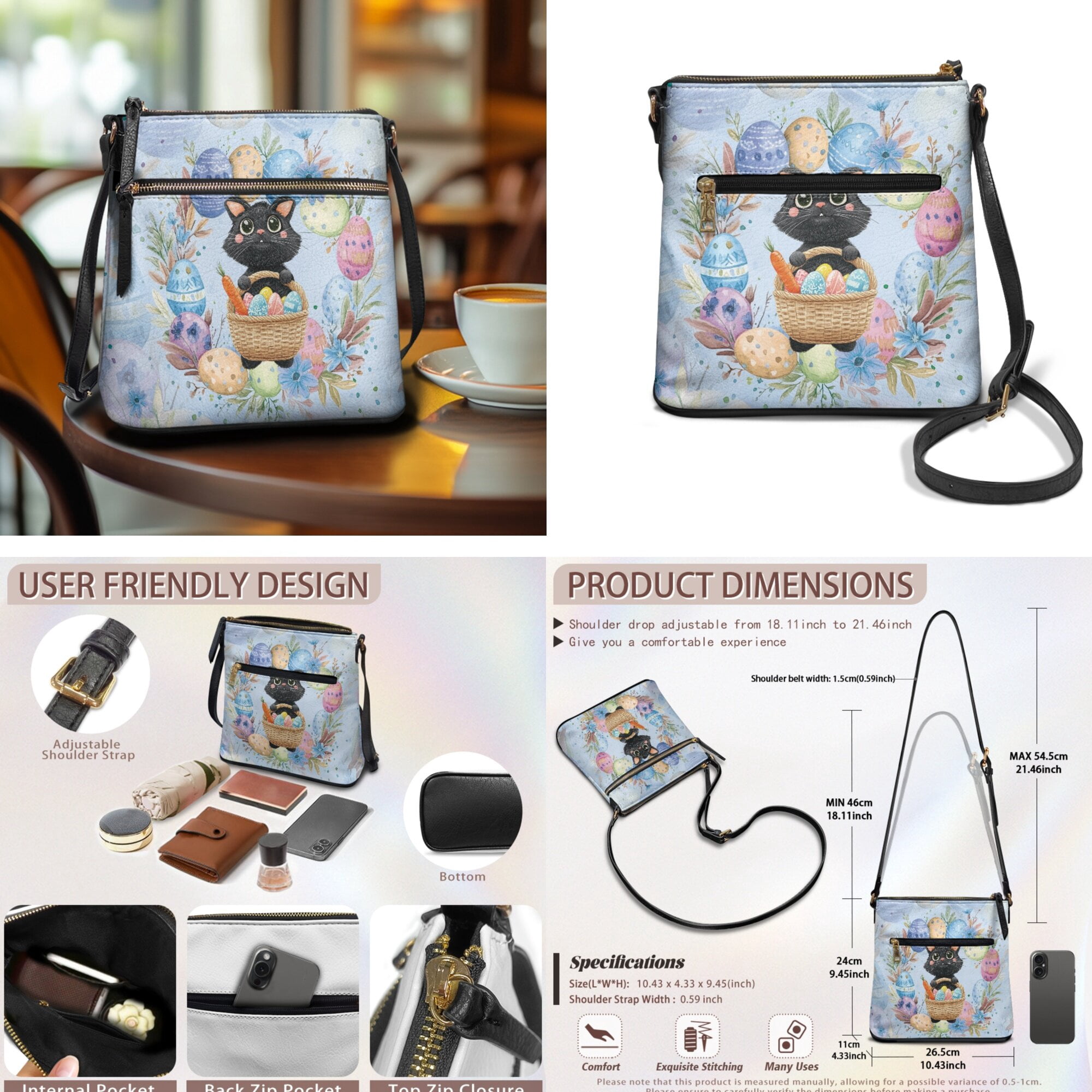 LedBack Cat Leather Satchel Purse Set for Women Easter Eggs Crossbody Purse Cute Cartoon Shoulder Hobo Bag with PU Leather Wallet for Lady, Gift for Women, Blue